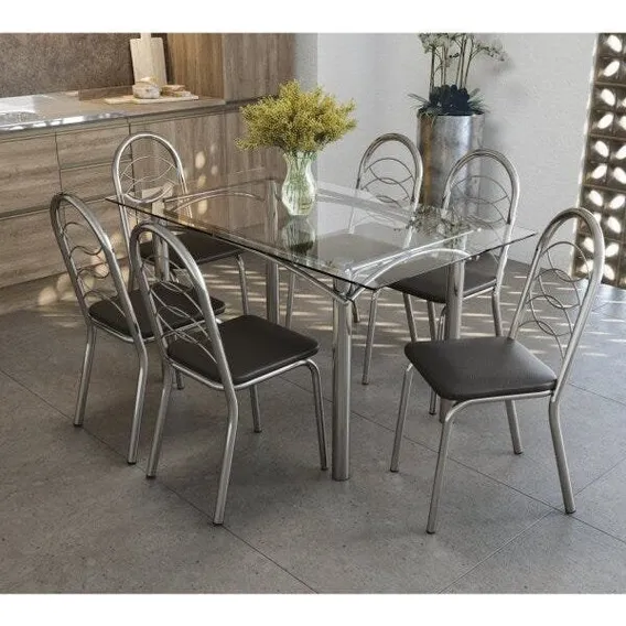 Conjunto De Mesa Tampo Vidro Elba Com 6 Cadeiras Ghwt Foto 1
