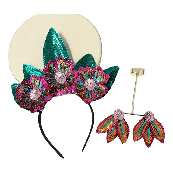 Conjunto De Tiara E Brinco Em Paetê Cor Rosa Foto 1