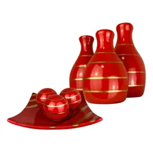 Conjunto Enfeite Ceramica Trio Vasos Centro Mesa Decorativo Cor Leticia Vermelho Filete Dourado Foto  mini 1