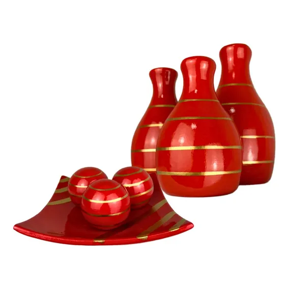 Conjunto Enfeite Ceramica Trio Vasos Centro Mesa Decorativo Cor Leticia Vermelho Filete Dourado Foto 1