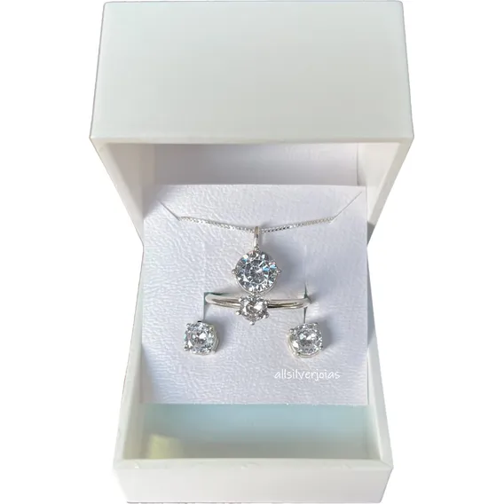 Conjunto Feminino Colar Brinco Anel Presente Natal Prata 925 Cor Prateado Foto 1