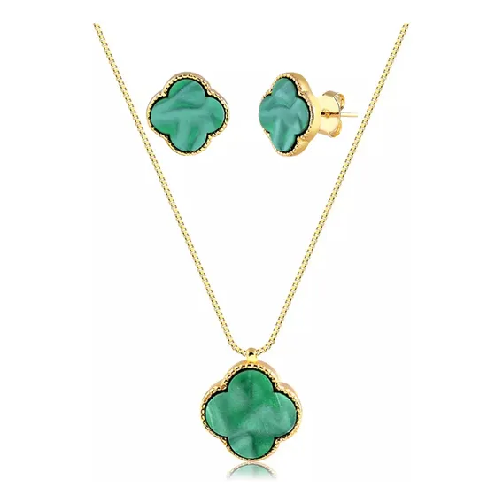 Conjunto Feminino Colar Corrente Brinco Trevo Ouro 18k Ulip Foto 1