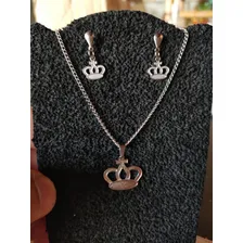 Conjunto Feminino Colar + Par De Brincos Aço Coroa Princesa Cor Prata Foto mini 3