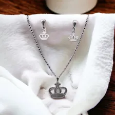 Conjunto Feminino Colar + Par De Brincos Aço Coroa Princesa Cor Prata Foto mini 4