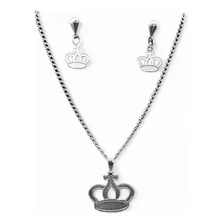 Conjunto Feminino Colar + Par De Brincos Aço Coroa Princesa Cor Prata Foto mini 1