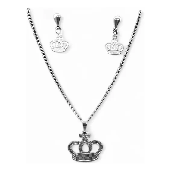 Conjunto Feminino Colar + Par De Brincos Aço Coroa Princesa Cor Prata Foto 1