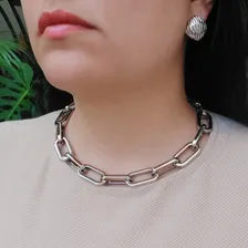 Conjunto Gargantilha Choker Corrente Pulseira Elos Prateado Foto mini 2