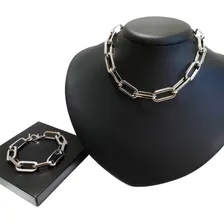 Conjunto Gargantilha Choker Corrente Pulseira Elos Prateado Foto mini 1