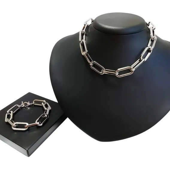 Conjunto Gargantilha Choker Corrente Pulseira Elos Prateado Foto 1