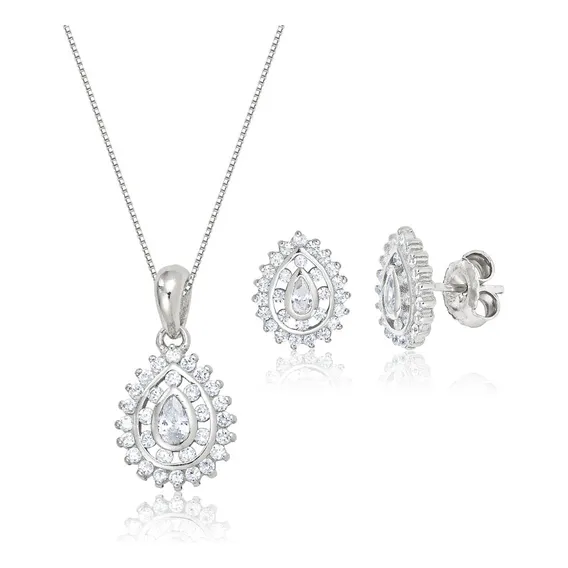 Conjunto Gargantilha Gota Prata 925 Zirc么nias R贸dio 45/50cm Foto 1