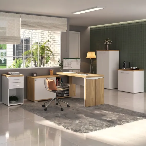 Conjunto Home Office 4 Peças Mesa Em L Armário Alto Wt Foto 1