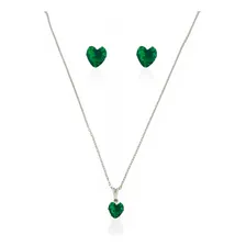 Conjunto Kit Colar Brinco De Coração Prata Cristal Verde Foto mini  3