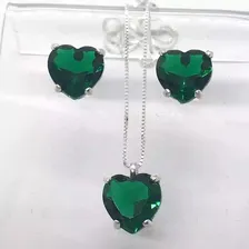 Conjunto Kit Colar Brinco De Coração Prata Cristal Verde Foto  mini 1