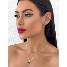 Conjunto Kit Colar Brinco De Coração Prata Cristal Verde Foto mini  2
