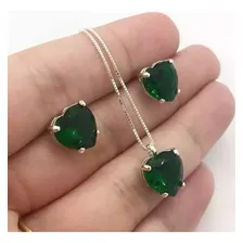 Conjunto Kit Colar Brinco De Coração Prata Cristal Verde Foto mini 4