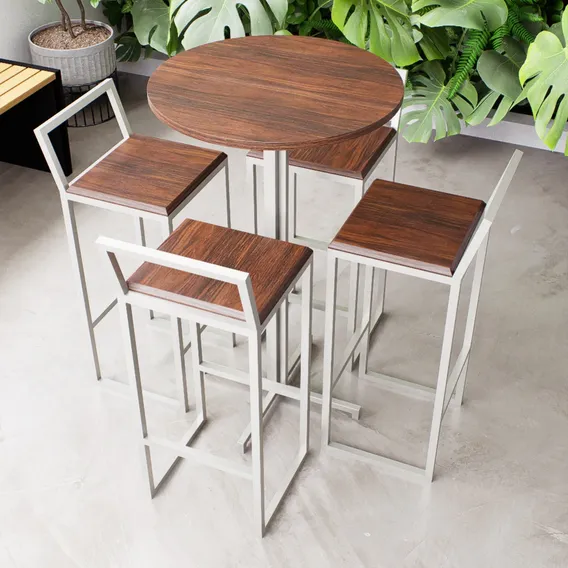 Conjunto Mesa Alta Bistr么 Redonda Imbuia 4 Banquetas Confort Foto 1