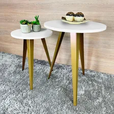 Conjunto Mesa Canto Lateral Ornes Decorativa Redonda Sala Cor Dourado/branco Foto mini 2