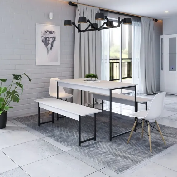 Conjunto Mesa De Jantar Com 2 Banco E 2 Cadeiras Eames Base Foto 1