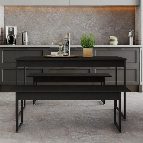 Conjunto Mesa De Jantar Industrial Com 2 Bancos - Preto Foto 1