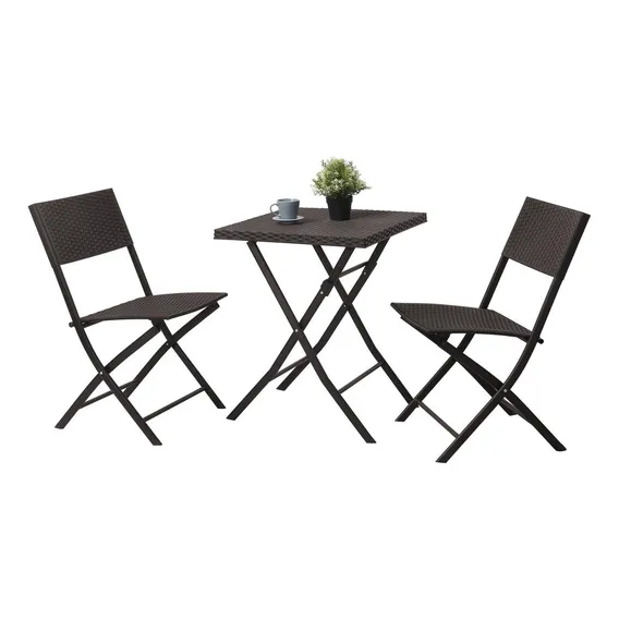 Conjunto Mesa E 2 Cadeiras Rattan Dobráveis Jardim Varanda Estrutura Marrom Foto 1