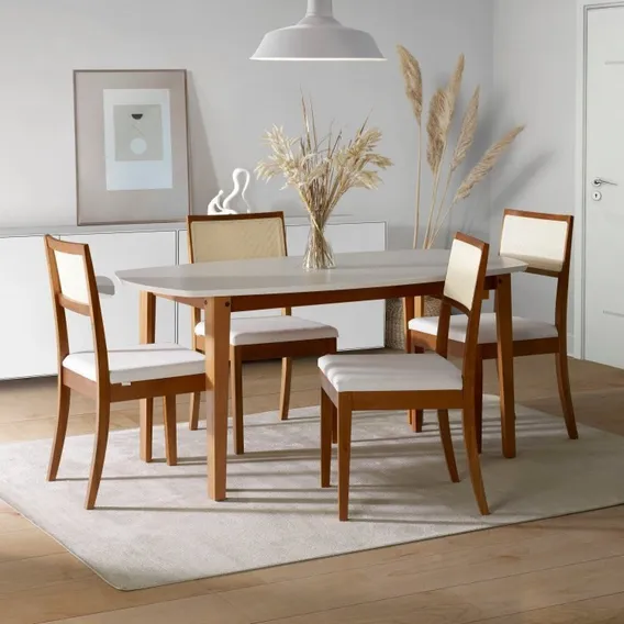Conjunto Mesa Extensível Oval 4 Cadeiras Madeira Maciça Foto 1