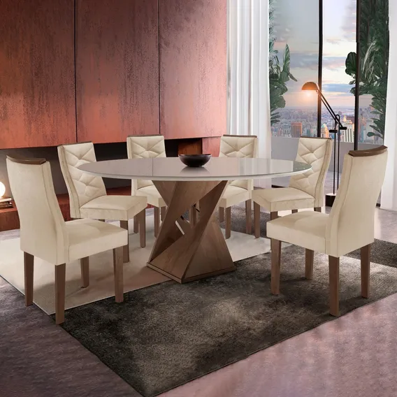 Conjunto Mesa Redonda Com Vidro E 6 Cadeiras Tampo Foto 1