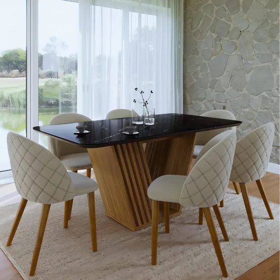 Conjunto Mesa Tampo Marmorizado Com Vidro E 6 Cadeiras Wt Foto 1