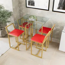 Conjunto Mesa Vidro 4 Cadeiras Pequena Estofado Dourado Cor Vermelho Foto mini 1