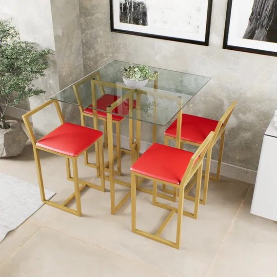 Conjunto Mesa Vidro 4 Cadeiras Pequena Estofado Dourado Cor Vermelho Foto 1