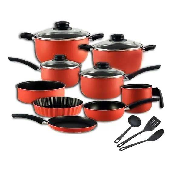 Conjunto Panelas Teflon 11 Pçs Vermelho - Tampa De Vidro Foto 1