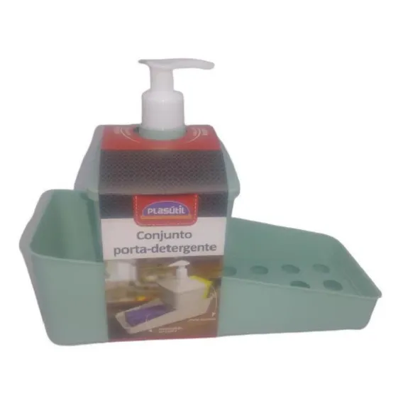 Conjunto Porta Detergente Quadrado Verde Ăgua PlasĂștil Foto 1