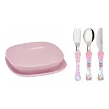 Conjunto Pratos E Talheres Infantil Rosa Unicornio Foto mini 1
