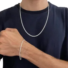 Conjunto Pulseira E Corrente Masculina Grumet 60cm Prata 925 Foto mini 1