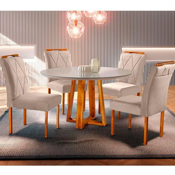 Conjunto Sala Jantar 4 Lugares Natalle Mesa 100cm Bege Areia Foto 1