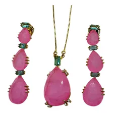 Conjunto Semijoia Gota Rosa Claro Fusion E Turmalina Estilo! Foto  mini 1