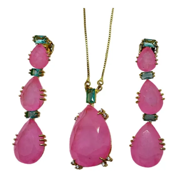 Conjunto Semijoia Gota Rosa Claro Fusion E Turmalina Estilo! Foto 1
