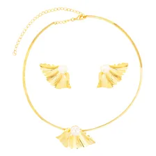 Conjunto Semijoia Lira Leque Pérola Dourado Foto  mini 1