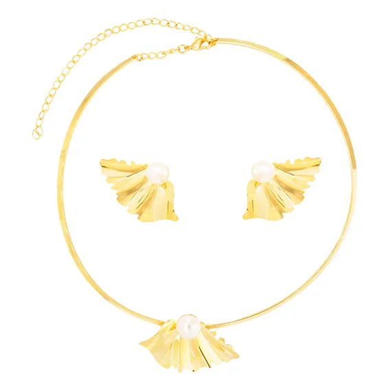 Conjunto Semijoia Lira Leque Pérola Dourado Foto 1