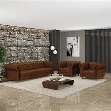 Conjunto Sofá 200cm 2 Poltronas Chesterfield Couro Marrom Foto  mini 1