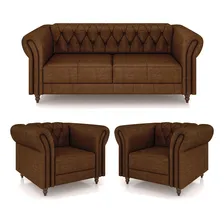Conjunto Sofá 200cm 2 Poltronas Chesterfield Couro Marrom Foto mini  2
