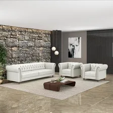 Conjunto Sofá 200cm E 2 Poltronas Chesterfield Couro Branco Foto  mini 1