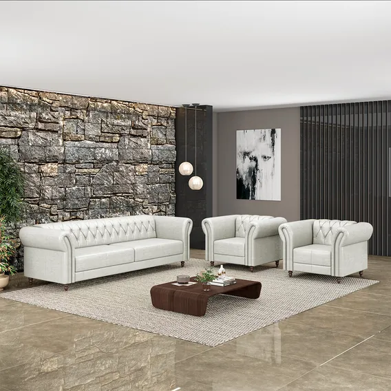 Conjunto Sofá 200cm E 2 Poltronas Chesterfield Couro Branco Foto 1