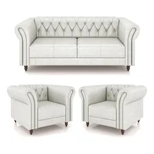 Conjunto Sofá 200cm E 2 Poltronas Chesterfield Couro Branco Foto mini  2
