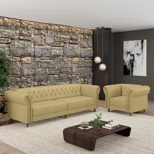 Conjunto Sofá 240 E 1 Poltrona Chesterfield Couro Bege Foto  mini 1