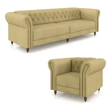 Conjunto Sofá 240 E 1 Poltrona Chesterfield Couro Bege Foto mini  2
