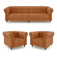 Conjunto Sofá 260cm 2 Poltronas Chesterfield Couro Terracota Foto mini  2