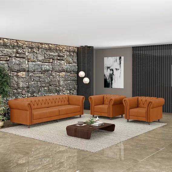 Conjunto Sofá 260cm 2 Poltronas Chesterfield Couro Terracota Foto 1