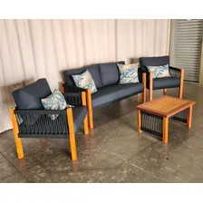 Conjunto Sofá + Poltrona + Mesa De Centro Área Externa Cor Azul e Branco Foto mini  3