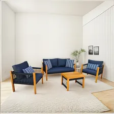 Conjunto Sofá + Poltrona + Mesa De Centro Área Externa Cor Azul e Branco Foto  mini 1