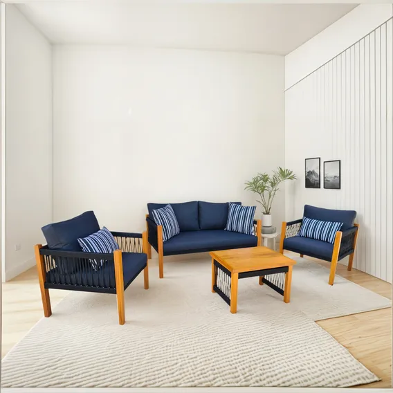 Conjunto Sofá + Poltrona + Mesa De Centro Área Externa Cor Azul e Branco Foto 1